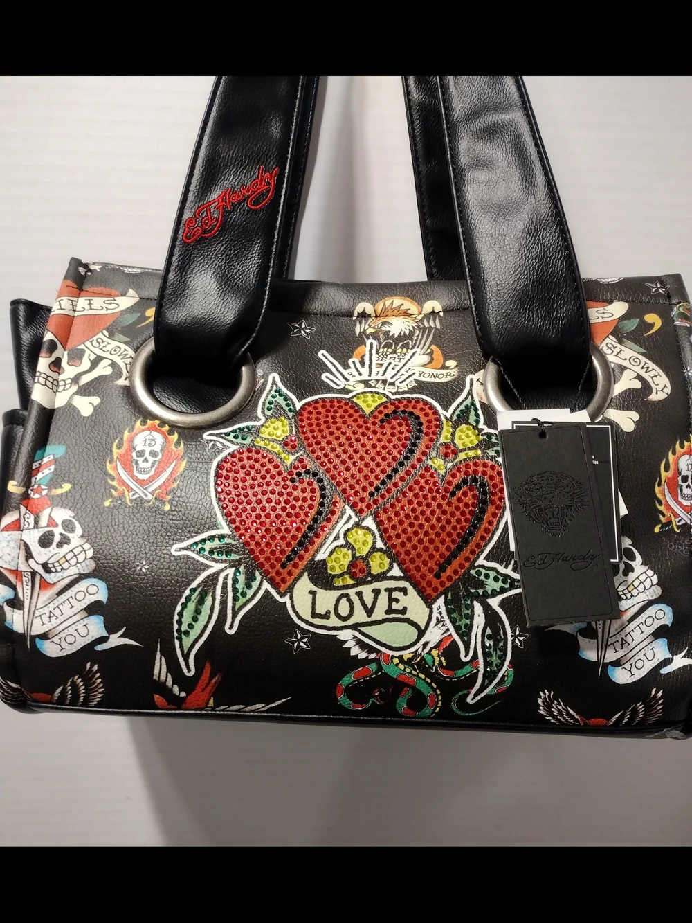 Ed Hardy Black 'Love Hearts' Dome Satchel and Wallet Set L-12